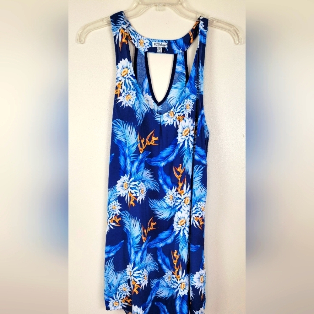 PJ Salvage Blue Floral Print Rayon Sun Dress Beach Keyhole Medium
